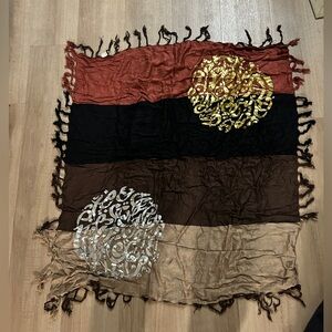 Boho Tassel Scarf with Metallic Arabic Medallions - Rust, Black, Brown